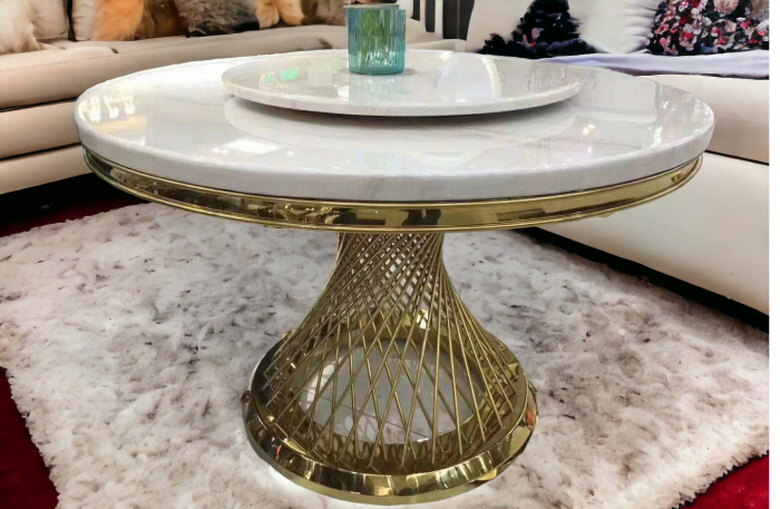 Masa rotundă A617, blat marmură compozit lucios, picior metal auriu, diametru 180 cm [2]