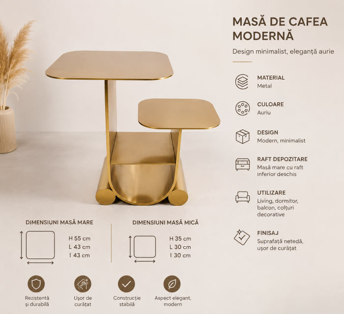 Masă aurie cu 2 niveluri, design modern din metal, suport depozitare integrat [2]