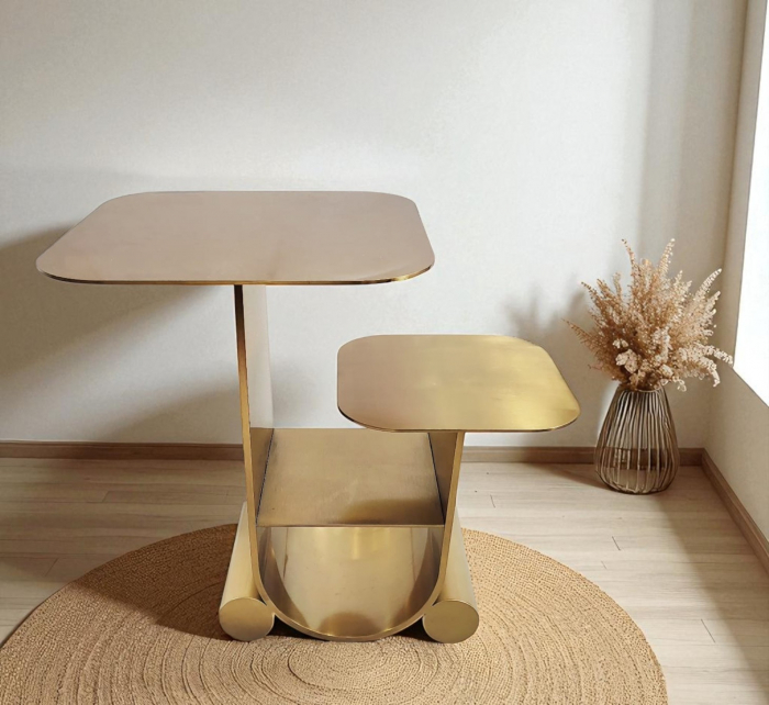 Masă aurie cu 2 niveluri, design modern din metal, suport depozitare integrat [1]