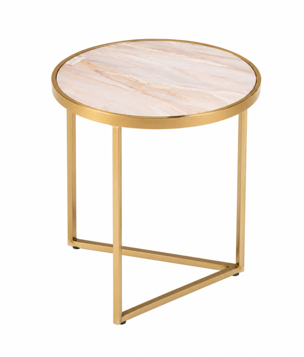 Set măsuțe cafea ceramică albă cu striații bej-aurii și picioare metal auriu [2]