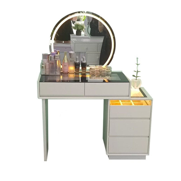 Masă de toaletă 660 bej din MDF cu oglindă LED integrată, blat din sticlă securizată și noptieră cu sertare [3]