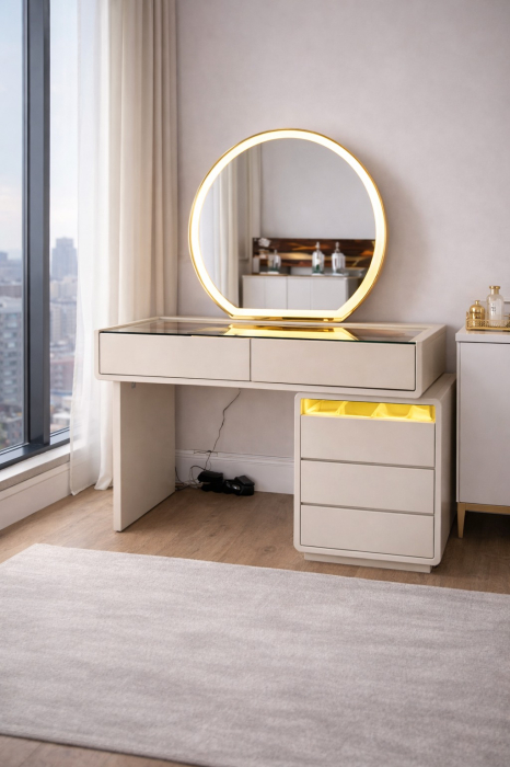 Masă de toaletă 660 bej din MDF cu oglindă LED integrată, blat din sticlă securizată și noptieră cu sertare [2]