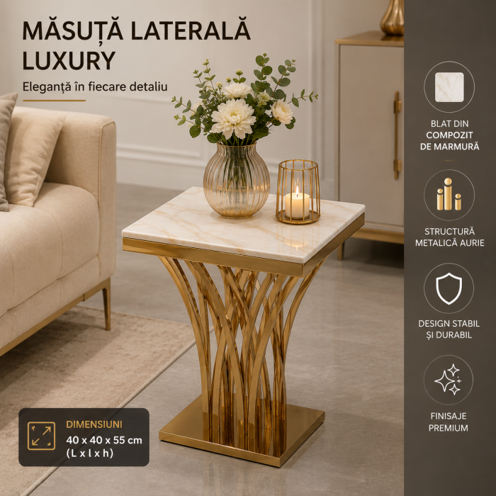 Masă decorativă 106 aurie cu blat compozit marmură crem 40x40x55 cm [3]