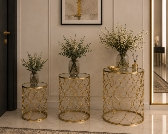 Masă decorativă 60631, aurie lucioasă cu blat oglindă, rotundă, L/M/S [2]