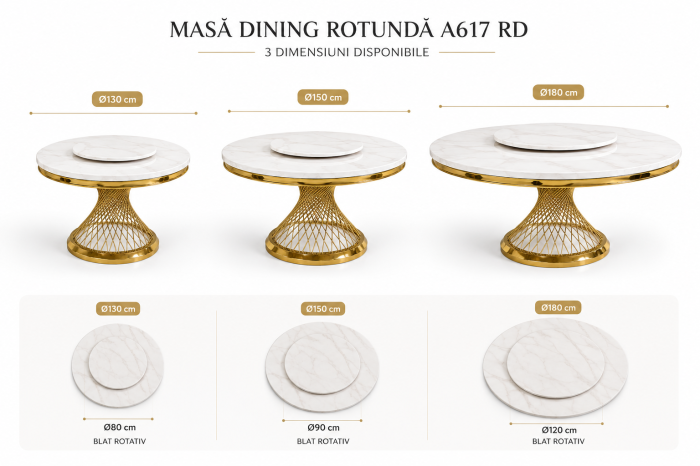 Masă Dining Rotundă A617 RD cu Blat Rotativ Marmură Albă și Picior Auriu [3]