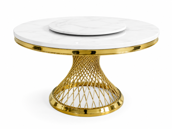 Masă Dining Rotundă A617 RD cu Blat Rotativ Marmură Albă și Picior Auriu [2]