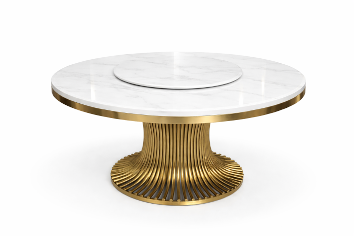 Masă rotundă dining 150 cm cu blat rotativ – marmură compozit și bază metal auriu – model 275-150 GD H75 [2]