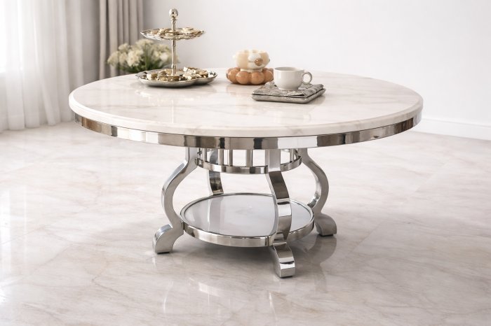 Masa rotunda RD150+80 CH masa dining crom metal blat compozit marmura diametru 150 cm H 80 cm [2]