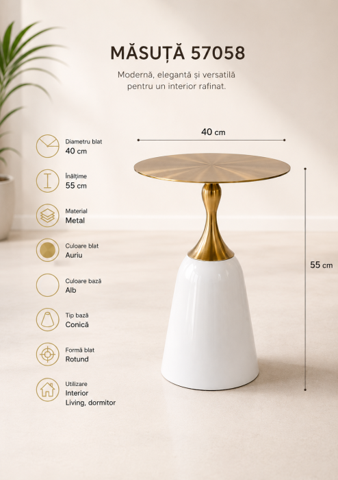 Măsuță 57058 alb și auriu din metal, blat rotund Ø40 cm, H55 cm [3]