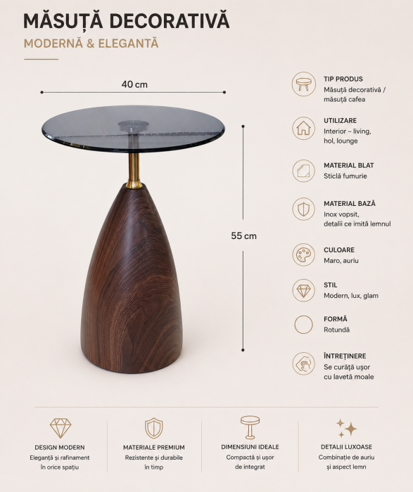 Măsuță cafea 112 cu blat rotund din sticlă fumurie și bază maro cu efect lemn [2]