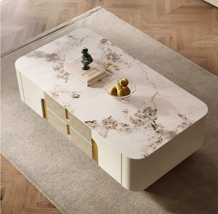 Măsuță cafea 2088 MDF bej cu accente aurii, blat piatră sinterizată, dreptunghiulară, 130 cm [3]