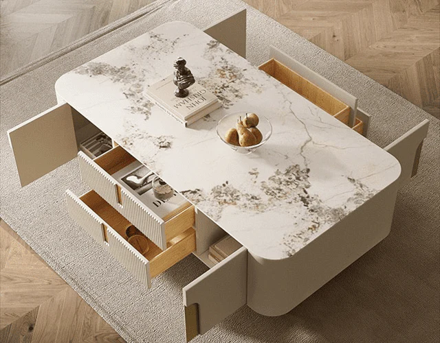 Măsuță cafea 2088 MDF bej cu accente aurii, blat piatră sinterizată, dreptunghiulară, 130 cm [4]