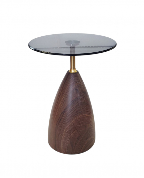 Măsuță cafea 57081 cu blat rotund din sticlă fumurie și bază maro cu efect lemn [2]