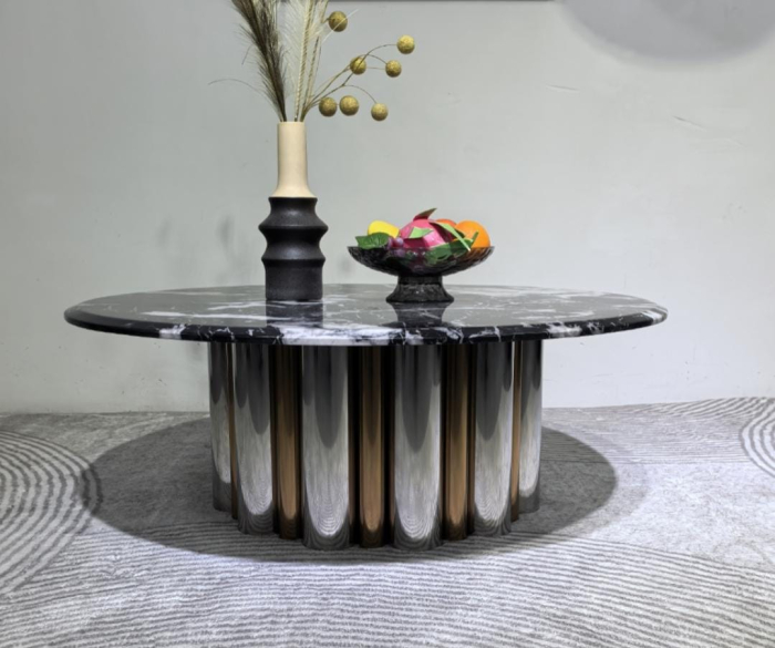 Măsuță cafea A 86 blat marmură neagră compozit, bază cilindri metalici argintiu-bronz, 80 cm [2]