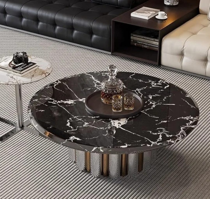 Măsuță cafea A 86 blat marmură neagră compozit, bază cilindri metalici argintiu-bronz, 80 cm [3]