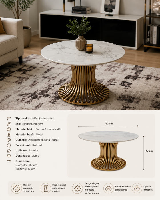 Masuta cafea DG50 GD, metal și compozit marmură auriu, rotundă, 80 cm diametru [2]