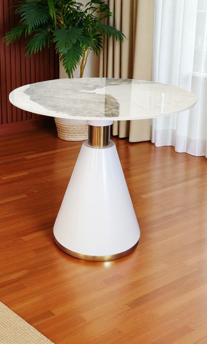 Masă rotundă de cafea 69, blat marmură albă, bază conică alb-auriu, Ø80 cm [1]