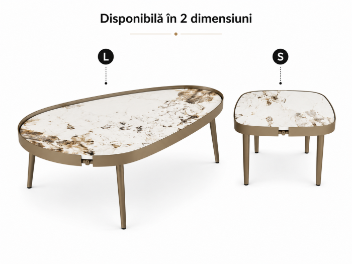 Măsuță de cafea 853 S, blat compozit marmură albă cu striații și picioare metalice aurii, pătrată 55x55 cm [3]