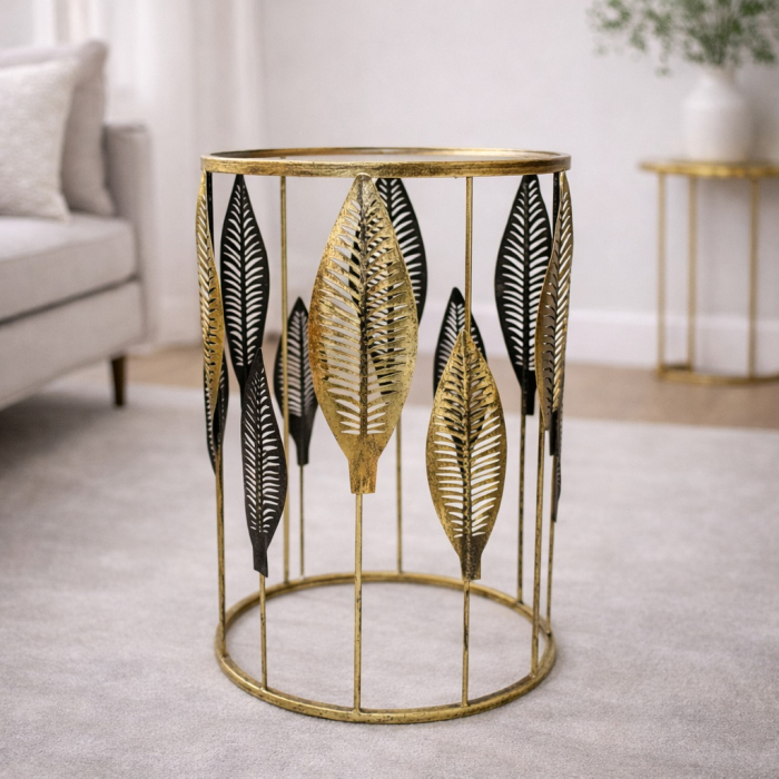 Măsuță decorativă 72002 din metal auriu cu blat oglindă, design frunze, două dimensiuni [2]