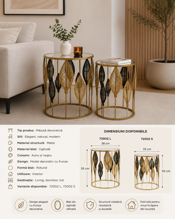 Măsuță decorativă 72002 din metal auriu cu blat oglindă, design frunze, două dimensiuni [2]