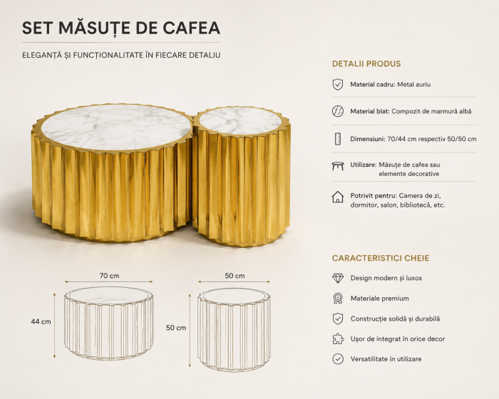 Măsuțe GSY-EM 11 GD, metal auriu, blat alb marmură, 70/44 & 50/50 cm [2]