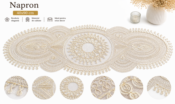 Napron masă 2207 broderie mandală auriu argintiu 40x90 cm decor elegant [2]