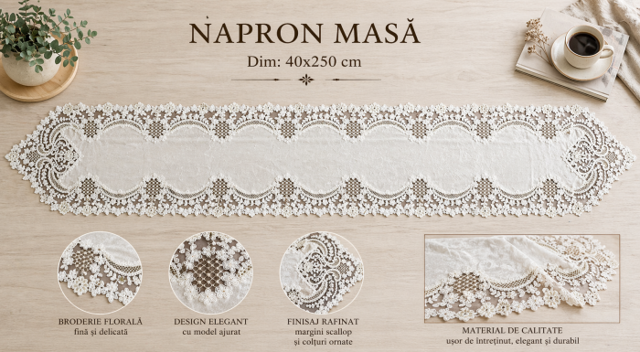 Napron masă JK 23-8 catifea albă brodată dantelă florală 40x250 cm elegant [2]
