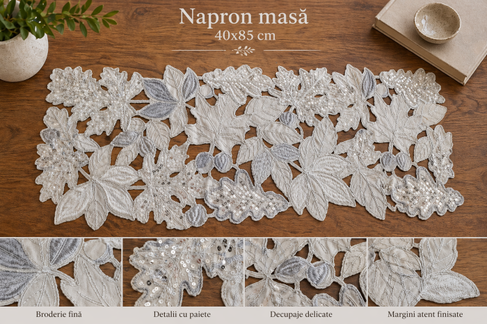 Napron masă LP 87 gri deschis cu paiete argintii model frunze toamnă 40x85 cm elegant [2]