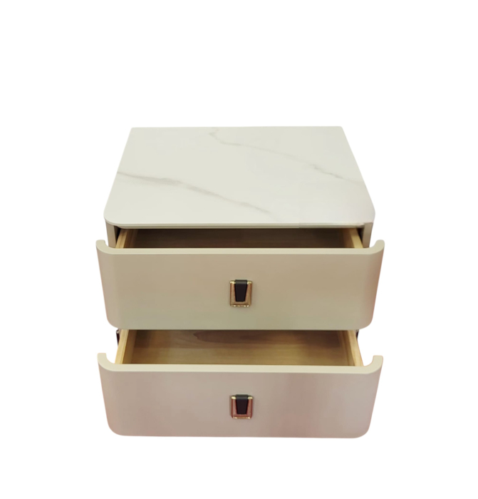 Noptieră 122 cu 2 sertare, Soft Touch, blat compozit marmură, crem – 50×40×50 cm [3]