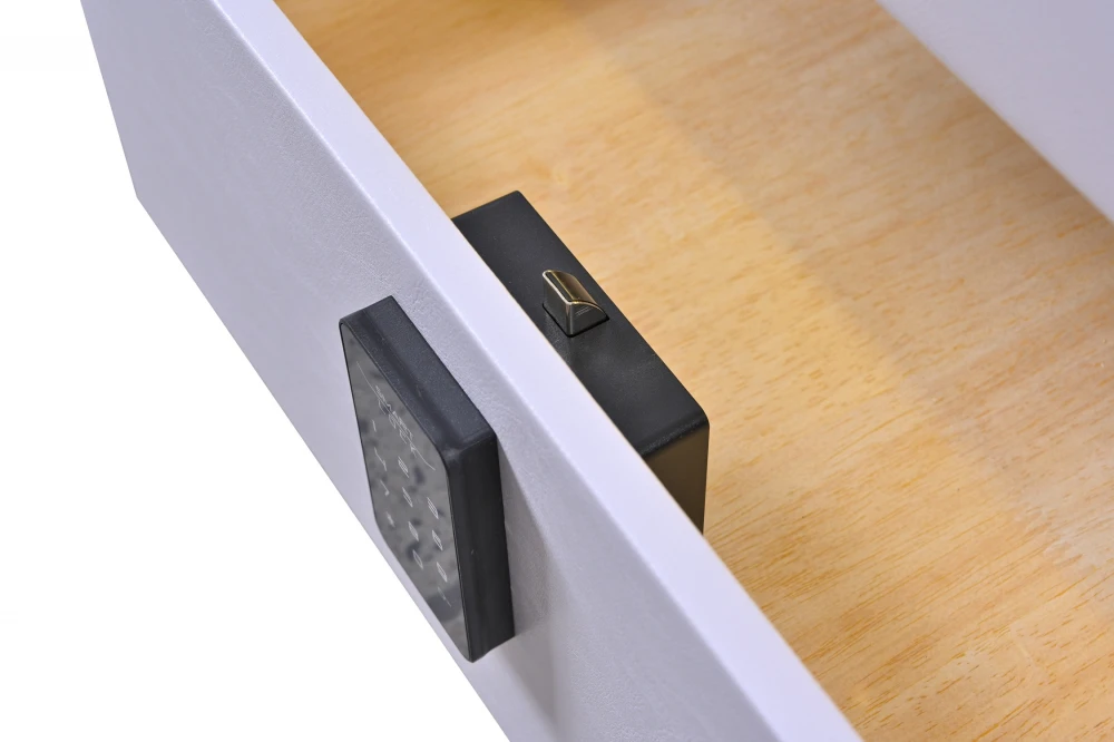 Noptieră inteligentă multifuncțională 303 ,MDF și piele ecologică albă cu sertar tip seif, încărcare wireless și LED touch – 46×41×51 cm [5]