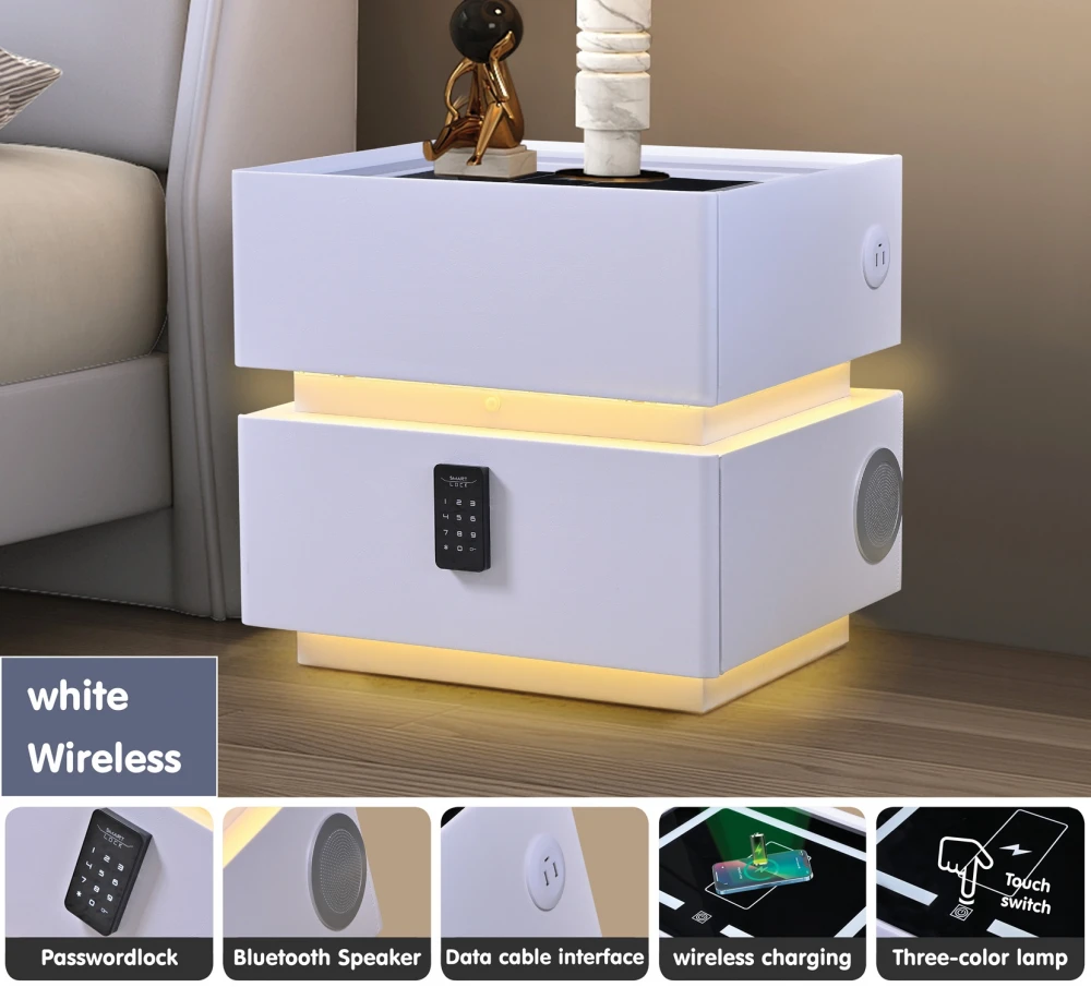 Noptieră inteligentă multifuncțională 303 ,MDF și piele ecologică albă cu sertar tip seif, încărcare wireless și LED touch – 46×41×51 cm [4]