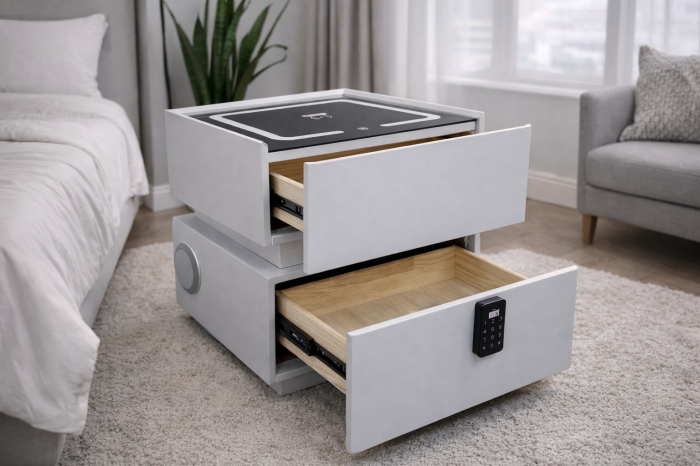 Noptieră inteligentă multifuncțională 303 ,MDF și piele ecologică albă cu sertar tip seif, încărcare wireless și LED touch – 46×41×51 cm [2]