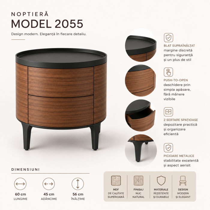 Noptieră Model 2055 MDF finisaj nuc, formă cilindrică, 2 sertare Push-to-Open cu blat negru [3]
