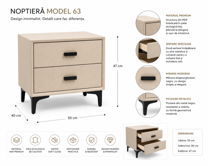 Noptieră Model 63 din MDF îmbrăcat în piele ecologică bej cu 2 sertare Soft Close și picioare metalice negre [4]