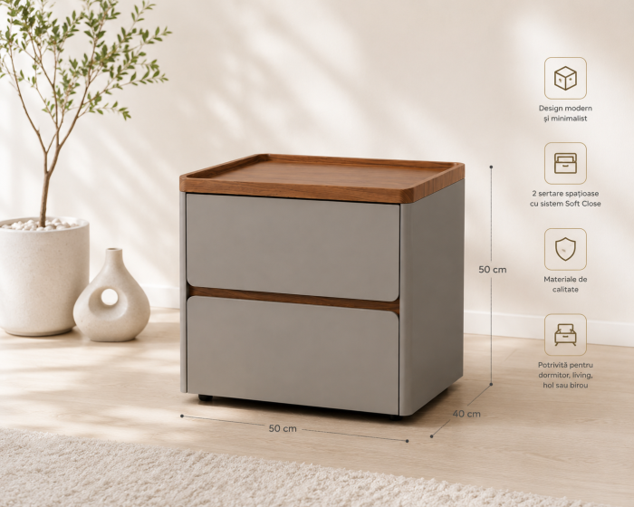 Noptieră Model 77 din MDF Gri Mat cu Blat Nuc și 2 Sertare Soft Close [3]