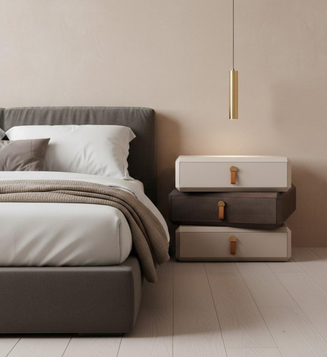 Noptieră Rotativă 2608, Lemn Masiv & Piele Ecologică Bej/Maro, Modulară 3 Sertare 360°, 50 cm [2]