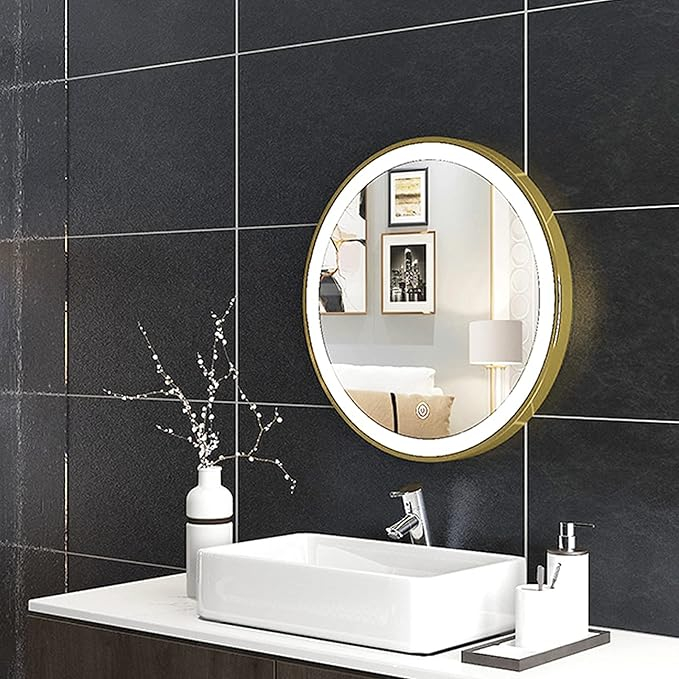 Oglindă de perete LED cod 098, rotundă aurie aluminiu, touch, 60sau80 cm [4]