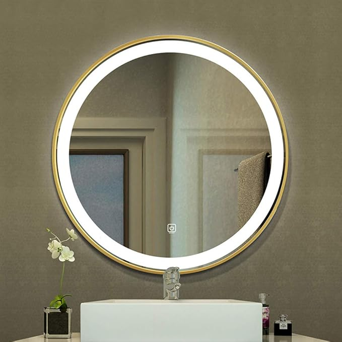 Oglindă de perete LED cod 098, rotundă aurie aluminiu, touch, 60sau80 cm [3]