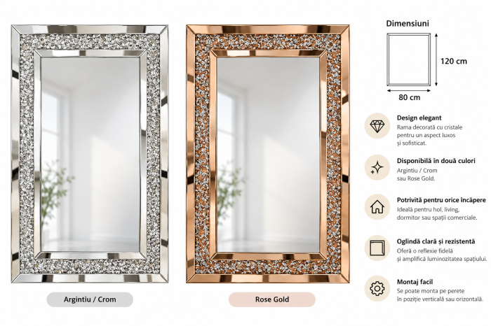 Oglindă decorativă DF1280 120 x 80 cm cu cristale – Argintiu/Crom și Rose Gold [3]