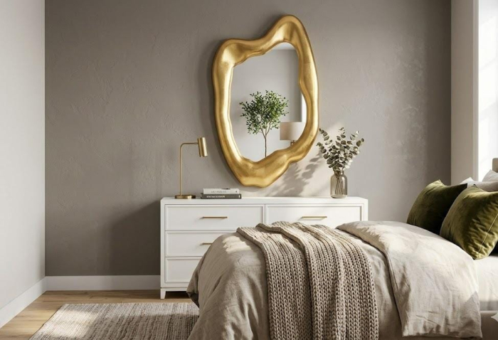 Oglindă decorativă organică 60x90 cm, ramă poliuretan aurie metalizată, design asimetric [2]