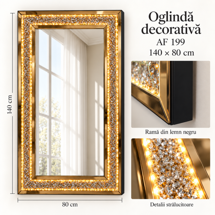 Oglindă LED AF 199 auriu și argintiu, ramă din lemn, 140×80 cm [3]