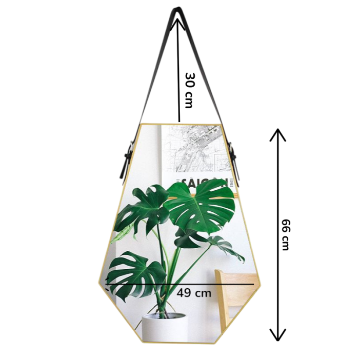 Oglindă hexagonală HB81-66, ramă metalică aurie cu curea neagră, 66×49 cm [2]