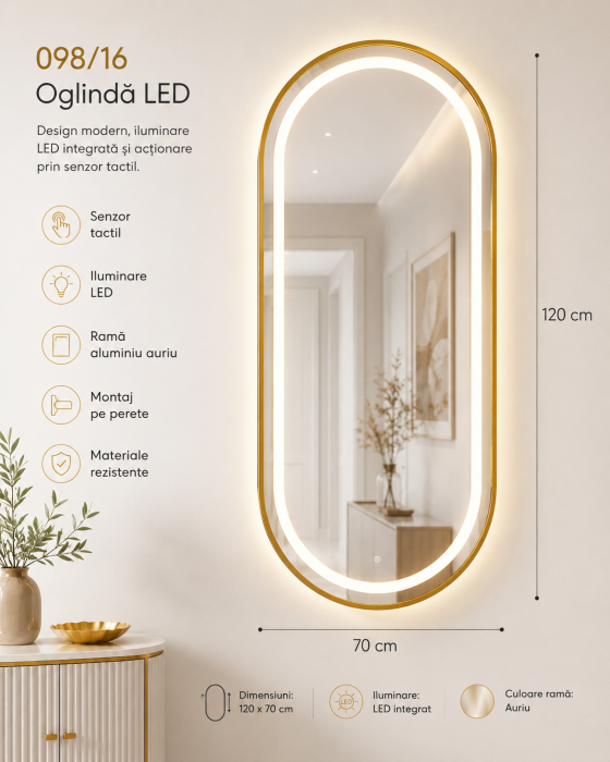 Oglindă LED Ovală 120x70 cm cu Ramă Aurie din Aluminiu și Senzor Touch Model 098/16 [3]