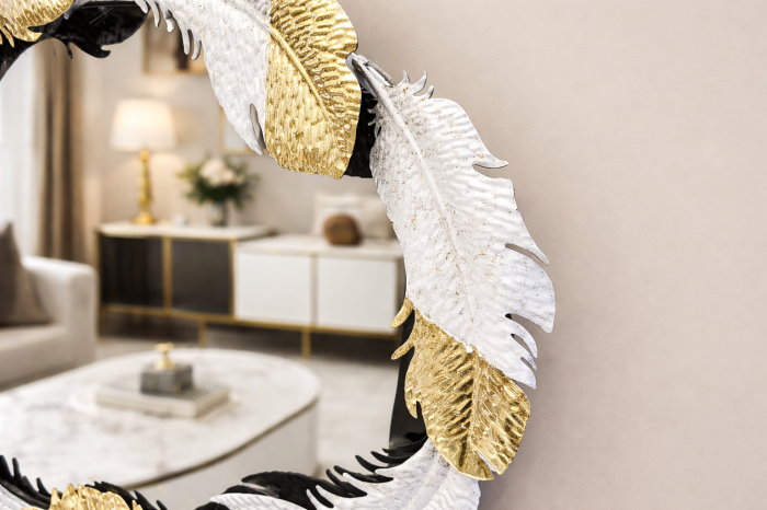 Oglindă ovală 16471 – ramă voluminoasă cu pene albe și accente aurii, decor glamour, 85x65 cm [2]