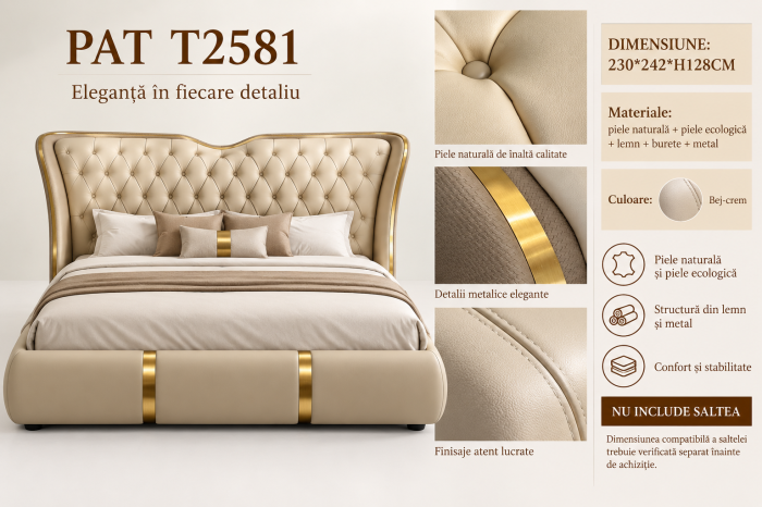 Pat T2581 bej-crem cu tăblie capitonată și accente aurii [3]