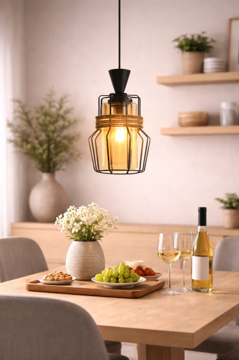 Pendul 3076/1, abajur sticlă aurie, cadru metal negru, sfoară decorativă, reglabil în înălțime [2]