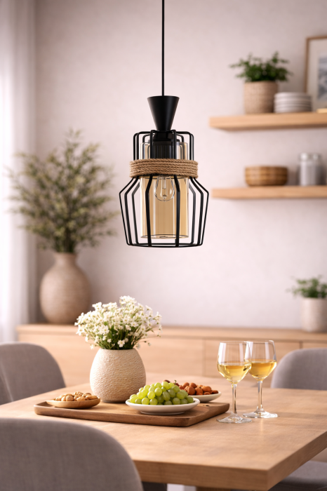 Pendul 3076/1, abajur sticlă aurie, cadru metal negru, sfoară decorativă, reglabil în înălțime [3]