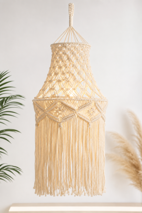 Pendul Boho Y009 din Bumbac Natural Bej cu Franjuri Decorative Ø30 cm [2]
