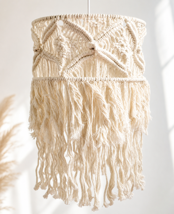 Pendul Boho Y021 din Bumbac Crem Ø30 cm cu Franjuri Decorative [2]