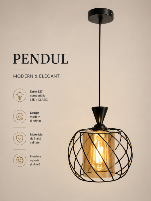Pendul HJ3069/1 modern, metal negru cu glob din sticlă aurie, E27, înălțime reglabilă [2]